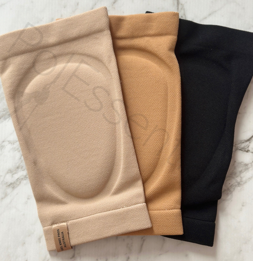 Light Beige, Tan and Black Gel Knee Pads for dancers, made by PolEssentials