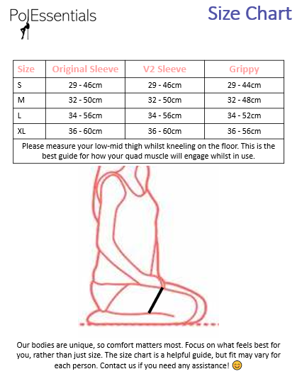 Size chart for PolEssentials Gel Knee Pads for pole dancing